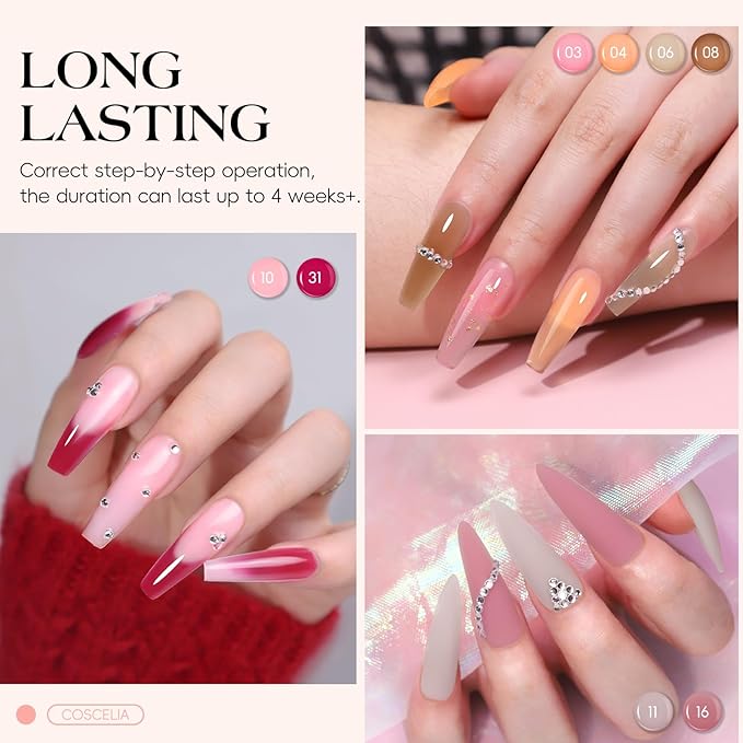 COSCELIA 50PC Poly Nail Gel Kit Starter Kit with Drill and Lamp 15 Colors 16ML Nail Extension Gel for Beginners All Season Nail Decorations Poly Extension Kit Gifts for Women