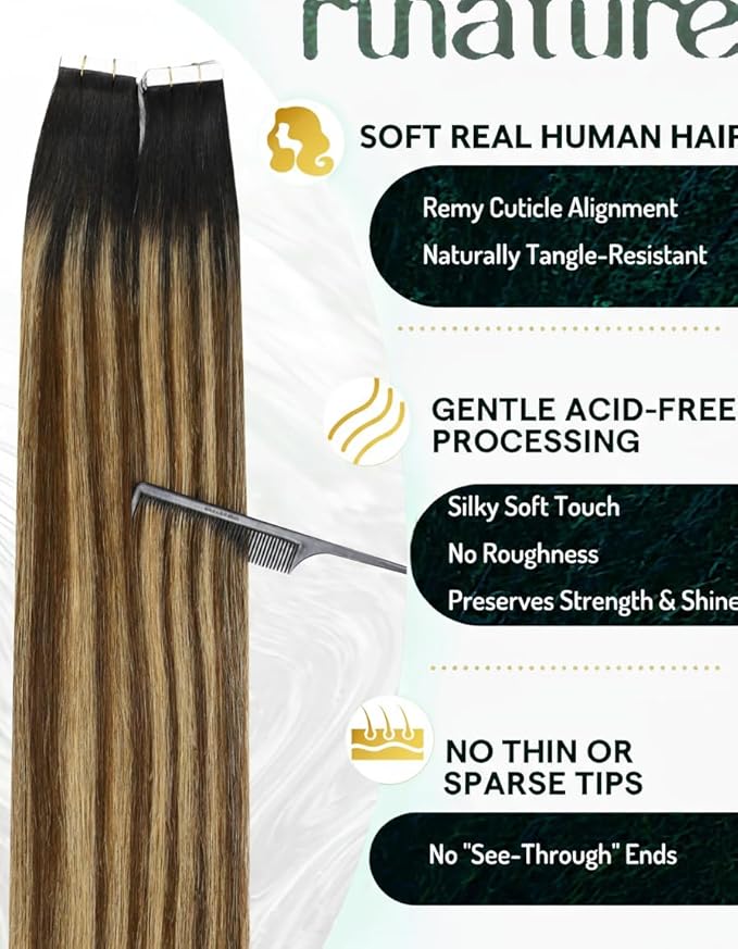 RUNATURE Hair Tape in Extensions 18 Inch Ombre Black Tape in Hair Extensions Human Hair Soft Long Lasting Remy Hair 50g 20pcs #1B/4/27 Black to Caramel Brown