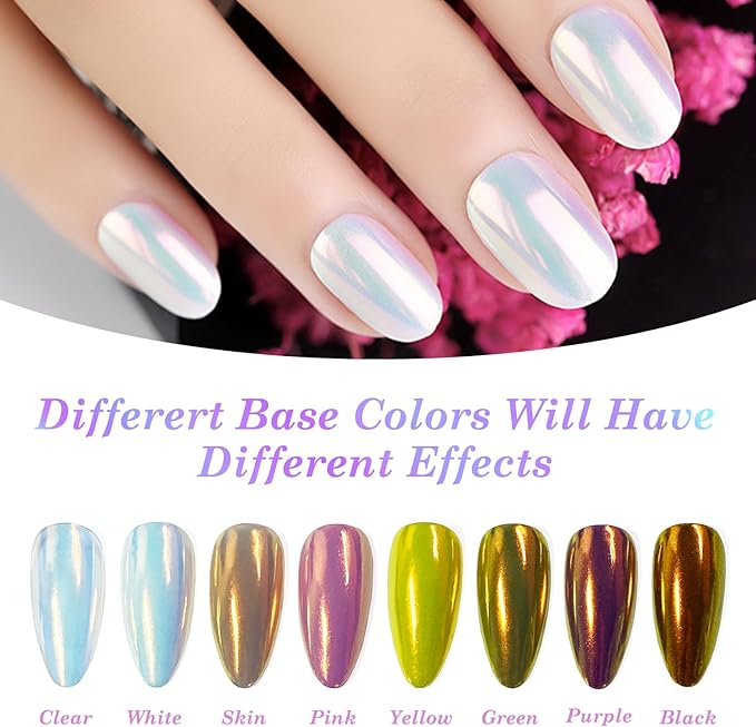 Unicorn Chrome Nail Powder 1g Mermaid Aurora Metallic Mirror Effect Pearl Glitter Pigment for Nails, White Iridescent Nail Chrome Powder for Gel Nails Polish Design with Tool