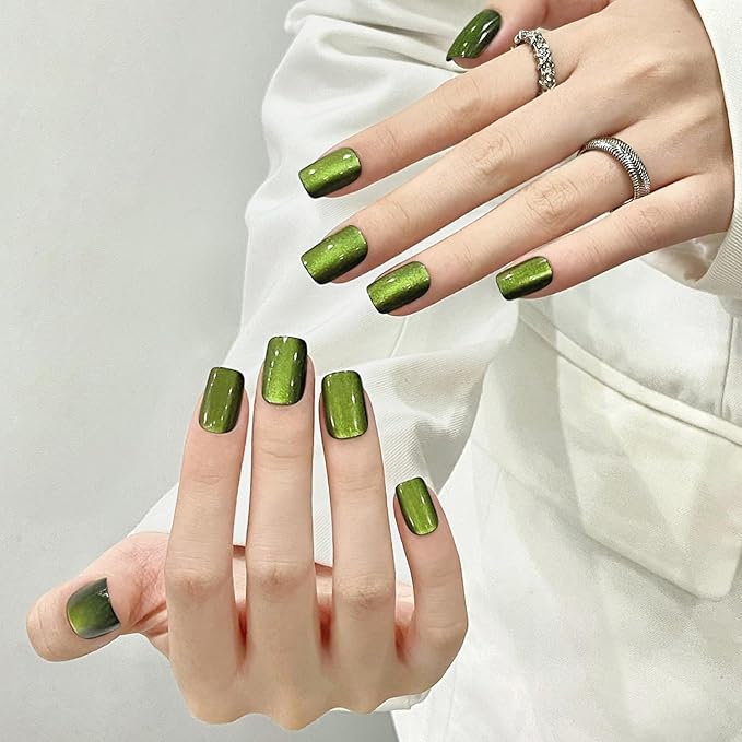 Green Cat Eyes Press On Nails,12 Sizes - 24 Pcs Soft Gel Green Medium Square Fake Nails Kit with Nail Glue, Natural Reusable Stick On False Nails for Women and Girls (Skycloud Nails) SK0925
