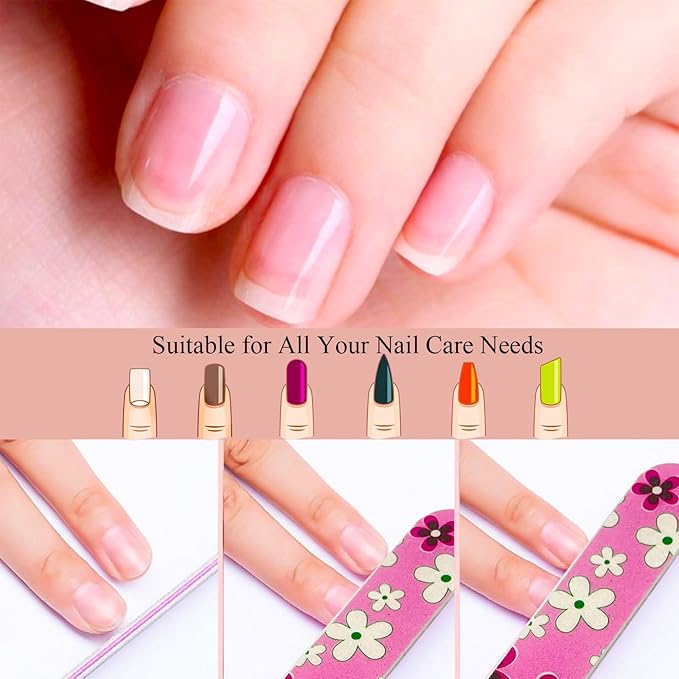 24 Nail Files, Colored Emory Plate Nail Files Double Sided 180 Grains Professional Manicure Emory Plate Buffer Pedicure Tools Nail Shaping Polishing Files (Flower Series, Count, 24, 100/180 Grit)