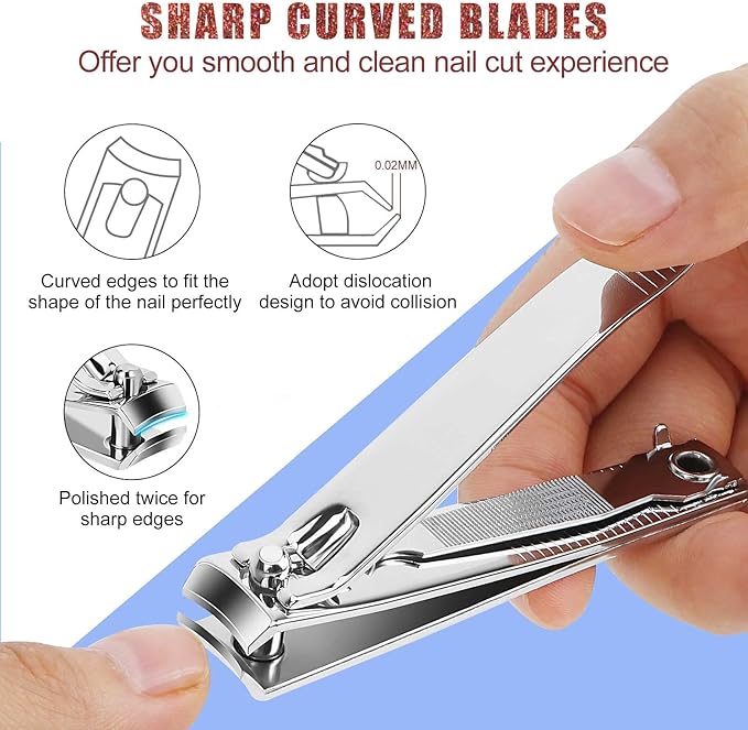 Nail Clippers, Toenail Clippers, Fingernail Clipper Cutters, Stainless Steel Toe Nail Clippers with Sharp Curved Blades and File, Nail Clippers for Men Women Kids(Large & Small)
