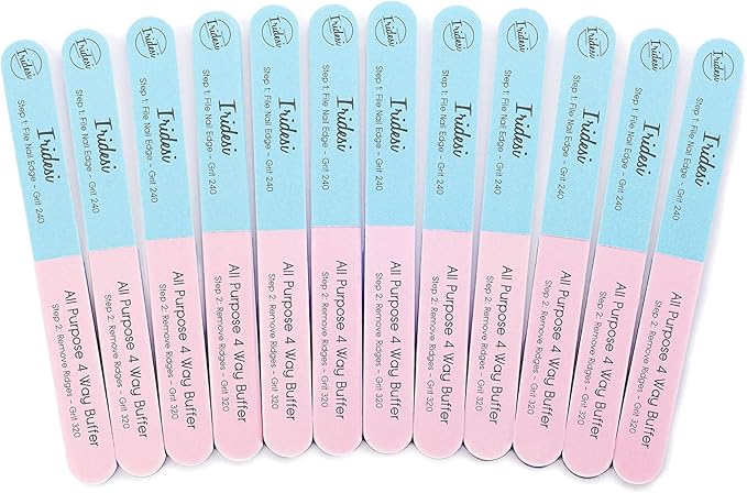 Iridesi 4 Way Finger Nail File and Buffer, Emery Boards For Natural Nails, 4 Fingernail Files in 1, Professional Filer Board and Shiners, 7 Inches Long, Salon Supplies Buffers Shine Kit, 12 Pack