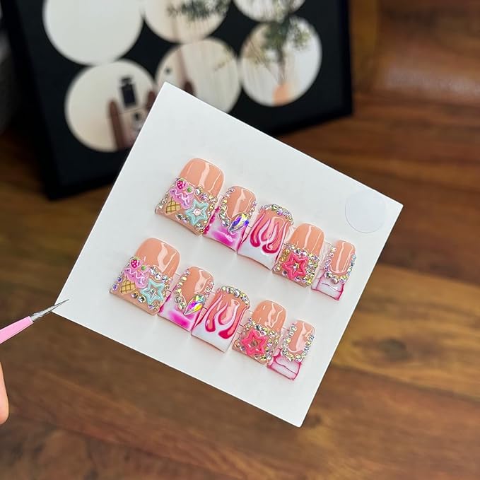 10 Pcs Thick Press on Nails Medium Duck Handmade Nails with Glue,Nude Pink False Nails Luxury Rhinestone Fake Nails with Red Dot Glossy Acrylic Reusable Stick on Nail for Women（Size M）