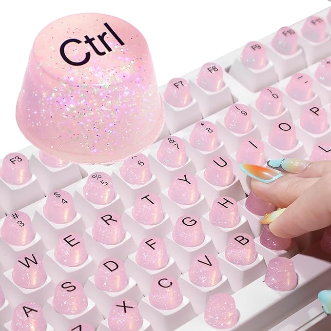 128pcs Raised Keyboard Stickers for Long Nails, Bling Keyboard Bubbles for Women with Letters, Soft Silicone Nail Art Typing Keycaps for Desktops (Pink, 128pcs)