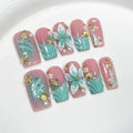 Luxury Handmade Press on Nails Medium Square Fake Nails Blue French False Nails with Ombre 3D Flower Art Design Acrylic Nails Handmade Stick on Nail for Women Manicure 10Pcs (Size M)