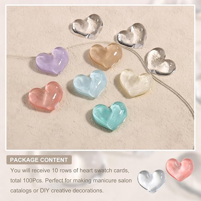100Pcs Solid Heart Shape Nail Polish Swatches Mini Display Cards Crystal Clear Glass Nail Color Swatch Dots Chart Tips for Nail Salon Training Practicing Beginners Professionals
