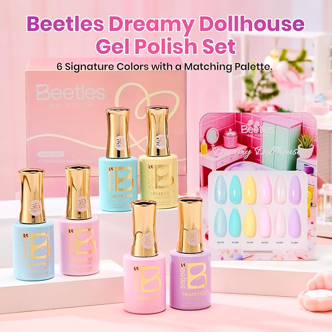Beetles Pastel Gel Nail Polish Set - Dreamy Dollhouse 6 Colors Hema-Free Gel Nail Kit Spring Pink Yellow Blue Glitter Shimmer Soak Off UV LED DIY Gel Nail Art Gifts for Women