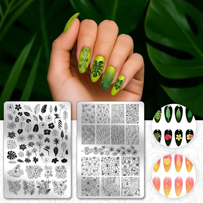 PH PandaHall Leaf Nail Stamping Plates Rainforest Leaves Nail Image Plates Flower Theme Nails Art Stencils Tropical Plants Manicure Stamp Templates for Women Manicures Salon Design DIY Printing, 2pcs