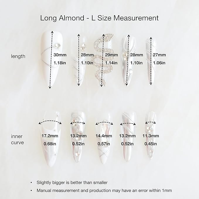 Luxury Long Almond Press-On Nails, White and Silver Rhinestone Design, 3D Snake Pattern with Pearl Accents, Handmade False Nail 10 Pieces (Large, LS)