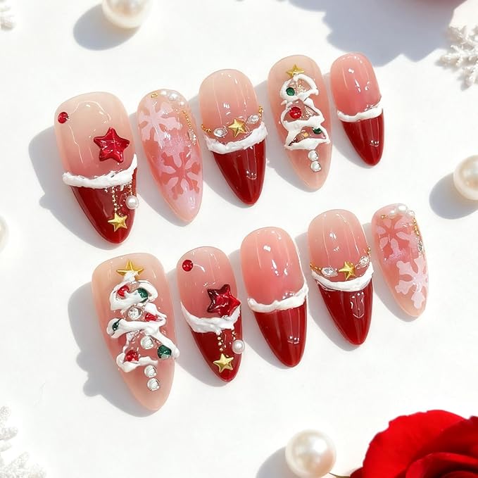 Christmas Press on Nails Medium Almond French Tip Fake Nails Xmas Tree Stick On Nails with 3d Star Pearl Rhinestones Designs Winter Snowflake Full Cover False Nails for Women Manicure Decoration 24pcs