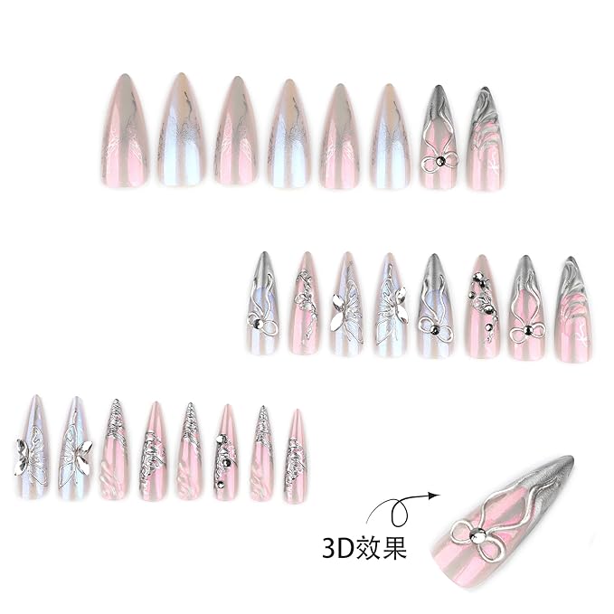 3D Silver Butterfly Press on Nails Long Stiletto – Chrome Powder Designs, Acrylic Reusable Fake Nails with Adhesive Tabs Glue, Salon Quality Nail Press Ons - Nail Kit for Women Manicure