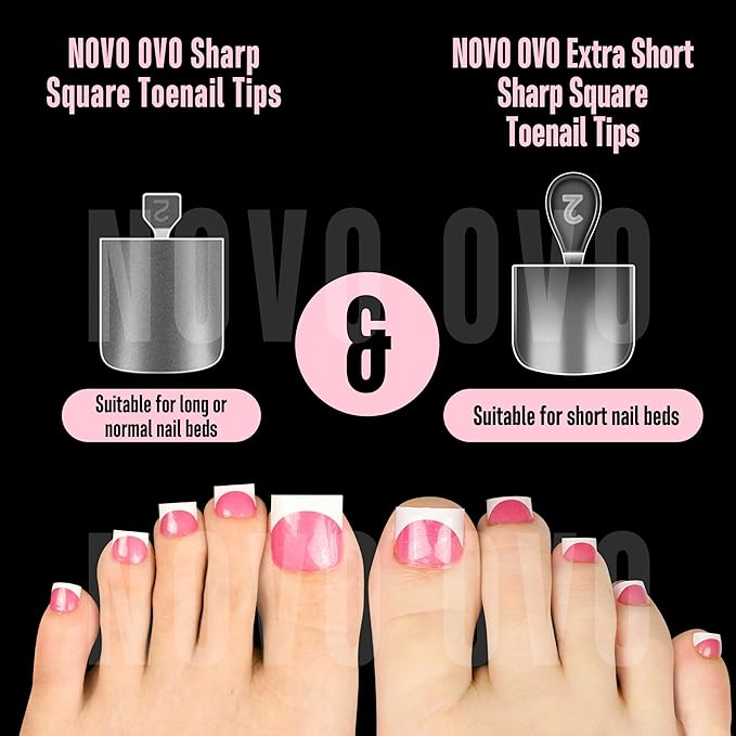 NOVO OVO 31 Sizes Toe Nail Tips with Short and Medium length Combo, Sharp Square Press on Full cover, Soft Gel False Fake Toenail Extension Kit, Pre-etched Clear Matte for Salon DIY Acrylic x 434 Pcs