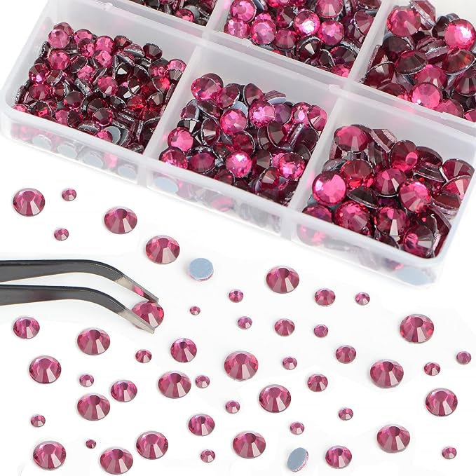 Bymitel Hotfix Crystal Rhinestones Round Gems for Crafts,Mixed 6 Sizes with Wax Pencil Kit, Fuchsia 1.6-6.3mm SS4-SS30/8000pcs