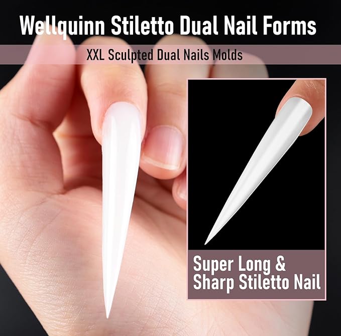 Stiletto Nail Forms, XXL Sculpted Dual Nails Molds Reusable Acrylic Builder Hard Gel Polygel Dual Forms for Nail Extension Salon Home DIY 14 Sizes 70 Pcs