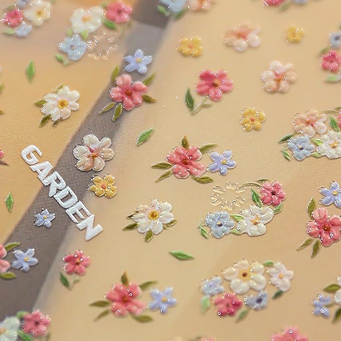 1 Sheets Cute Spring Flower Nail Decals for Nail Art Embossed Small Flowers Leaf Nail Art Stickers 5D Self-Adhesive Spring Nail Design Decals Blue Yellow White Pink Floral Nail Stickers for Women