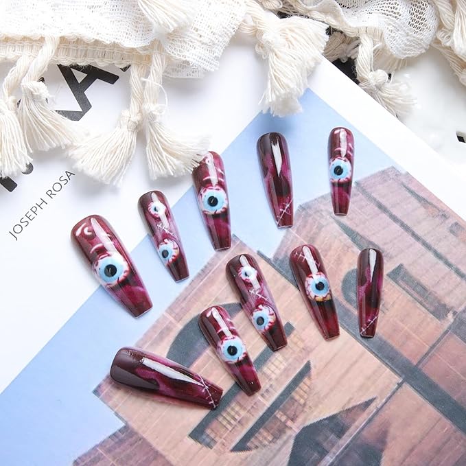 24pcs Halloween Red Eyes Long Square Press On Nails for Terrifying Costumes, Reusable Nail Kit with Adhesive Tabs, 12 Sizes (Red Eye)