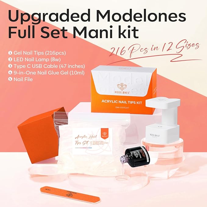 modelones Medium Oval Gel Nail Tips Kit, 9-in-One Nail Glue with Portable U V Lamp 216Pcs 12Sizes Pre-Etched Round Press ons Fake Acrylic Extension Kit DIY Salon Gift for Women