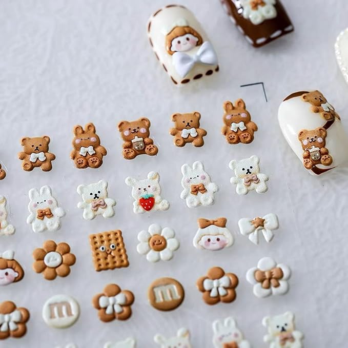 Dedyel Cute Nail Stickers 5D Embossed Cartoon Bear Kawaii Animal Self-Adhesive Nail Decals for Women Girls Kids Nail Art Decoration