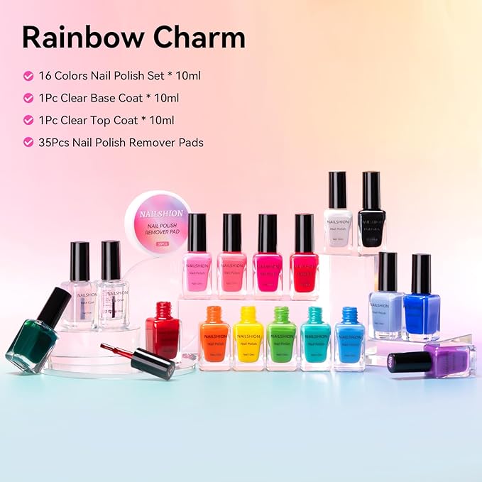 Nail Polish 10ml 16 Colors Rainbow Air Dry Regular Nail Polish Set with Base Top Coat & Remover Pads| White Red Classic French Fingernail Polishes Non-gel Bulk Gift for Nail Art Lovers