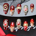 Red Press on Nails Retro Nail Art with Diamond Design Handmade Nails Press ons Gold Fake Nails Medium Almond Glue on Nail Reusable French Tip Stick on Nail for Women Girls Gorgeous Manicure (S)