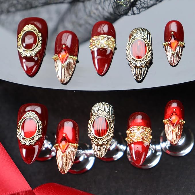 Red Press on Nails Retro Nail Art with Diamond Design Handmade Nails Press ons Gold Fake Nails Medium Almond Glue on Nail Reusable French Tip Stick on Nail for Women Girls Gorgeous Manicure (M)