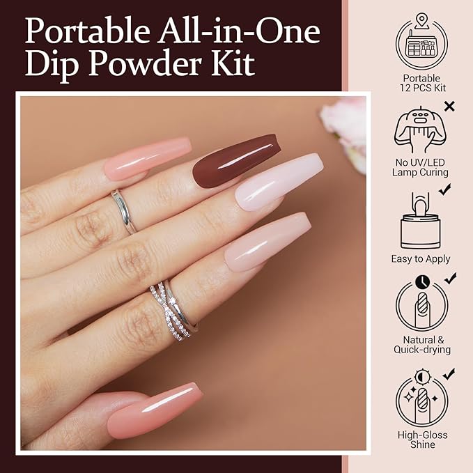 AZUREBEAUTY Dip Powder Nail Kit Starter, All Season Skin Tone Nude Brown 4 Colors Acrylic Dip Powder Liquid Set with Base/Top Coat Activator for French Nail Art Manicure DIY Salon Gifts