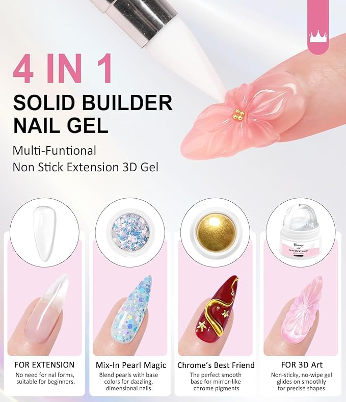 Solid Builder Nail Gel BISHENGYF: 30g Nail Builder Gel for 3D Sculpting Non-Sticky Hard Gels with Gold Silver White Pink Chrome Powder for Art Carving Modeling and Extension