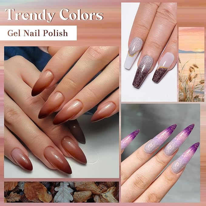 MEET ACROSS Color Changing Gel Nail Polish Set, 12 PCS Shimmer Glitter Mood Temperature Change Colors Kit, Black Brown Gray Purple UV Thermal Manicure Gel Gift