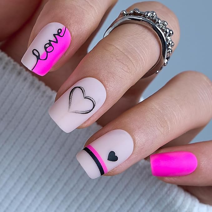 Curvlife Press on Nails Acrylic Fake Nails with Design Full Cover False Nails Reusable Nail Kit with Nail Glue Adhesive Tabs Nail File Artificial Glue on Nails (rose, 30pcs)