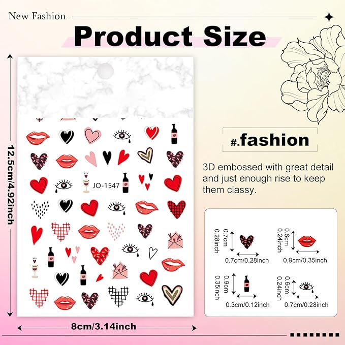 12 Sheets Valentine's Day Nail Sticker for Nails Art 3D Embossed Self-Adhesive Pink Red Love Heart Lips Valentine's Day Nail Decal Design Supplies for Women DIY Manicure Art Decoration YX1241