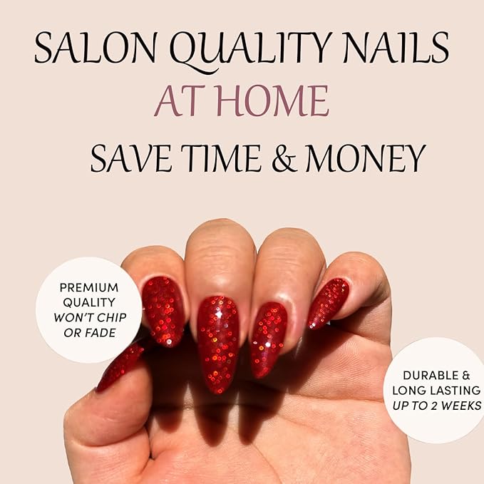 Red Press on Nails,Handmade Series Medium Almond nails Glitter False Nail Shape Galaxy False Nail Set Stick Gel Nail Kit Reusable Full Set of 24pcs