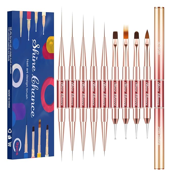 9Pcs Nail Art Brushes Set, Professional Double-Ended Acrylic Liner Detail Brushes for Gel Polish Art Nail, 3D Art Nail Dotting Brush Pen for Manicure DIY Home Salon, Red