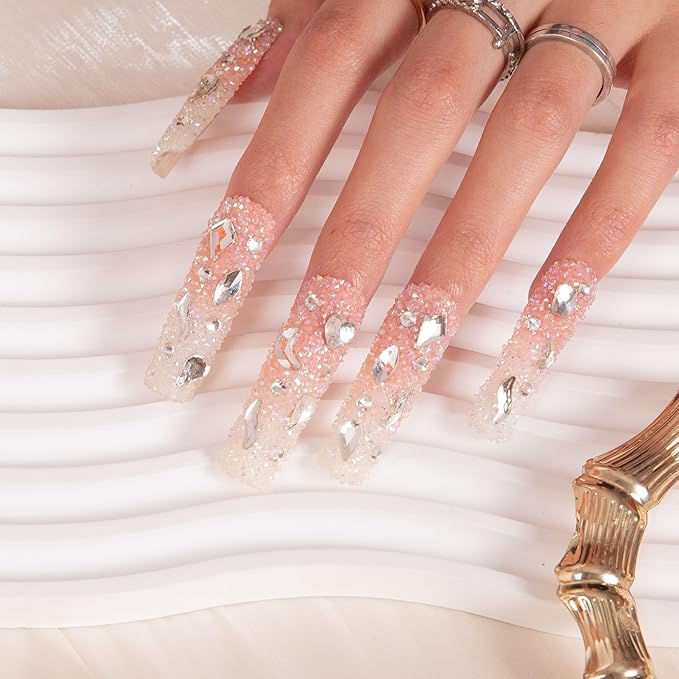 LOVFUL Press on Nails Berry Shake| Handmade with Full Covered Crystals| Reusable Fake Nails| Square Mid length 1.7in| H56-L