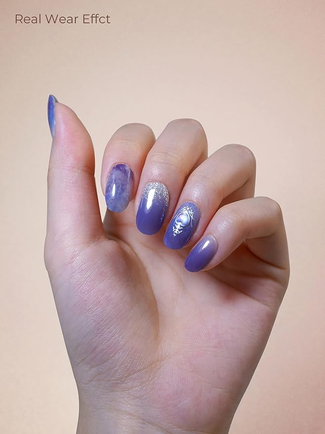 Pre Cured Gel Nail Strips - 44PCS Salon Quality Gel Nail Stickers - Long Lasting Polish Wraps for Women no UV Light Needed Easy Apply & Remove (Crystal Blue