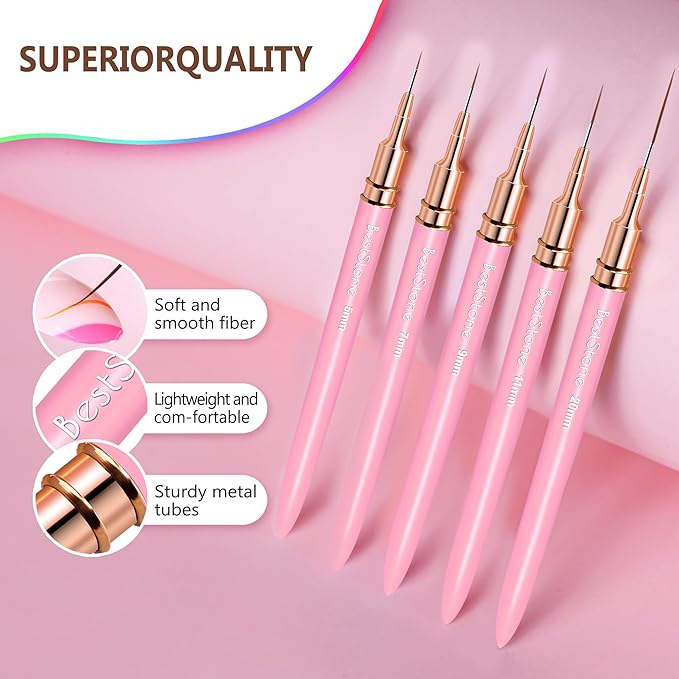 Nail Art Liner Brushes, 5Pcs Professional Gel Polish Painting Art Design Pen Set for Long Lines, Thin Details, Fine Drawing Sizes 5/7/9/11/20mm Nail Art Design Gift for Women(Pink)
