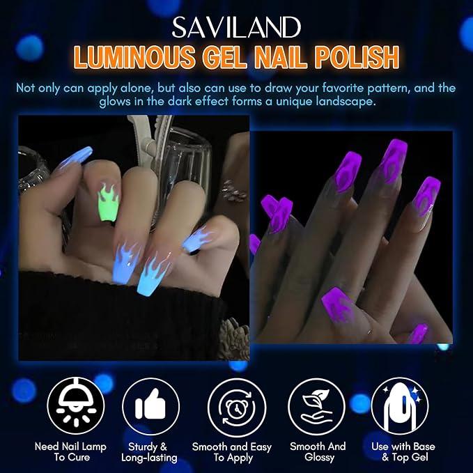 SAVILAND Glows in The Dark Nail Polish Set 24 Holiday Brighrly Colors Luminous Quicking-drying U V Neon Gel Nail Polish Set Reflective Glow Effect Full Coverage Easy to Use Gel Polish Holiday Gifts