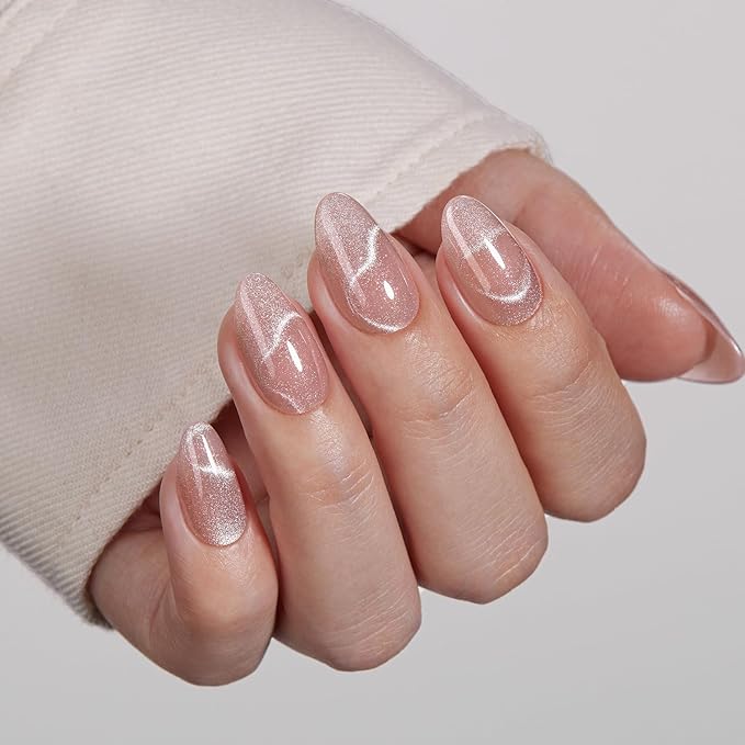 VSALON Press On Nails Short Almond, 32 Pcs 16 Sizes Nude Cat Eye Press On Nails Neutral Sparkly Fake Nail With UV Glue On Nail Kit, Reusable Stick On Nails Salon Quality Valentines Gifts For Women