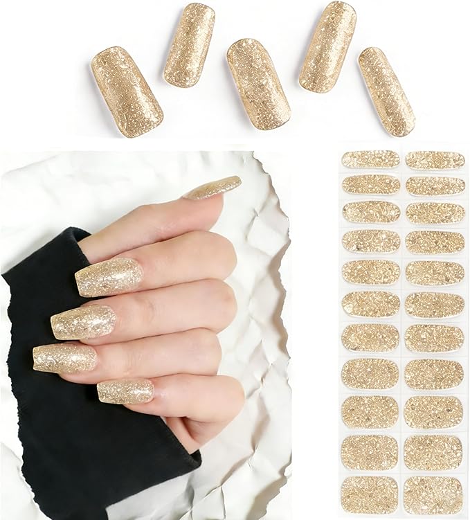 Semi Cured Gel Nail Strips Gold Glitter Nail Strips with UV/LED Required Long Lasting Gel Nail Stickers Includes 22 Strips 2 Prep Pads, Nail File & Wooden Stick