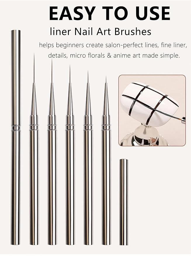 5Pcs Nail Art Liner Brushes Set, Metallic Nail Art Brush for Long Lines, Thin Details, Fine Drawing, UV Gel Polish Painting Nails Design Pen for Manicure Brushes 6/9/12/15/18mm