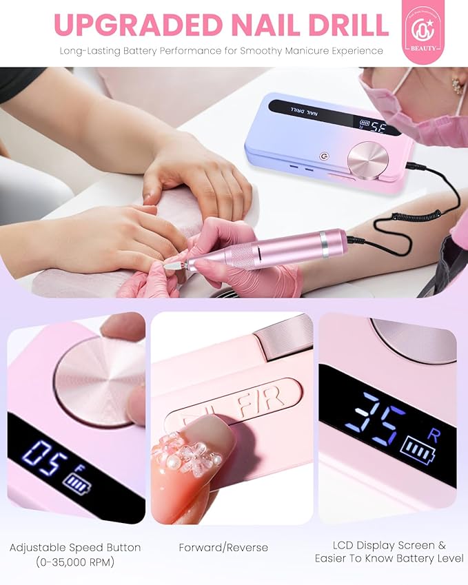 CozyZen Cordless Nail Drill Professional: 45000 RPM Rechargeable Electric Nail File Kit, Portable & Low Noise for Acrylic, Gel Nails, Manicure & Pedicure - Salon & Home Use (Pink & Purple)