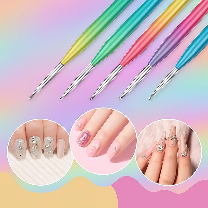 Dual-Ended Nail Art Brush & Dotting Pen Set - 5PCS Metal Rainbow Nail Brushes for Acrylic Gel, 3D Design, Extension, Manicure - Professional DIY Home Salon Tools