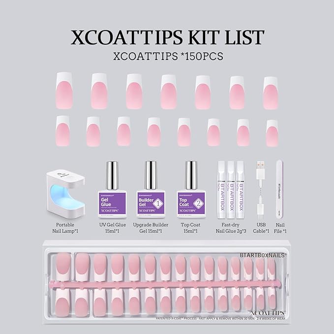 BTArtboxnails XCOATTIPS French Tip Press on Nails - Long Square Nail Tips with Nail Gel, Air-Dry Nail Gl ue, French Protecing Duo, Nail Lamp, All in One Soft Gel Gel Extension Kit
