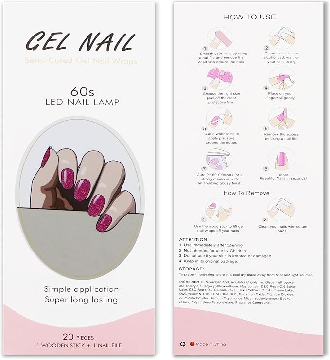 JMEOWIO Gel Nail Stickers Glitter Pink Semi Cured Gel Nail Strips Wraps UV/LED Nails Art Design Decoration Accessories