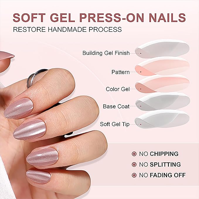 RTKHFZE Soft Gel Fake Nail-Press On Nails Almond with Nail Glue,Gel Cat Eye Nails Tip,Reusable Short Stick On Nails in 16 Sizes - 32 False Nails Kit for Gift Idea