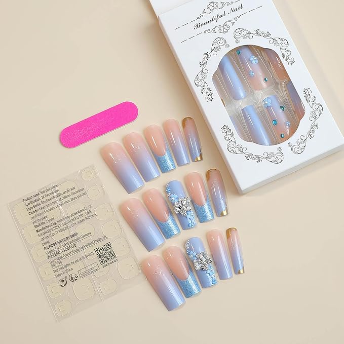 RTKHFZE Long Press on Nails Square French Tip Fake Nails Blue Glitter False Nails with Butterfly and Flower Charm Designs Artificial Nails Full Cover Acrylic Stick on Nail for Women Manicure