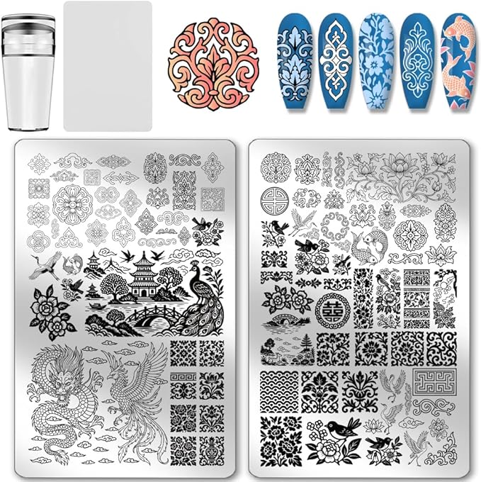 PH PandaHall 2pcs Chinese Style Nail Stamp Plate Dragon Porcelain Texture Print Art Template Stainless Steel Nail Image Plate Nails Stencils for Women DIY Printing 5.7x3.7 inch