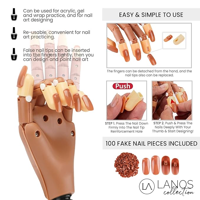 Lanos Practice Hand for Acrylic Nails, False Fake Nails Training Kit | Finger Model Manicure Mannequin for Professional Cosmetology, DIY, Flexible (Material) Table Stand for Gel Painting with 100 PCS Nail Tips