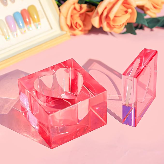 Nail Dappen Dish with Lid, Square Crystal Monomer Dish for Acrylic Nails, Monomer Holder Container for Holding Acrylic Liquid & Powder, Glass Crystal Cup for Acetone Nail Decor (Pink)