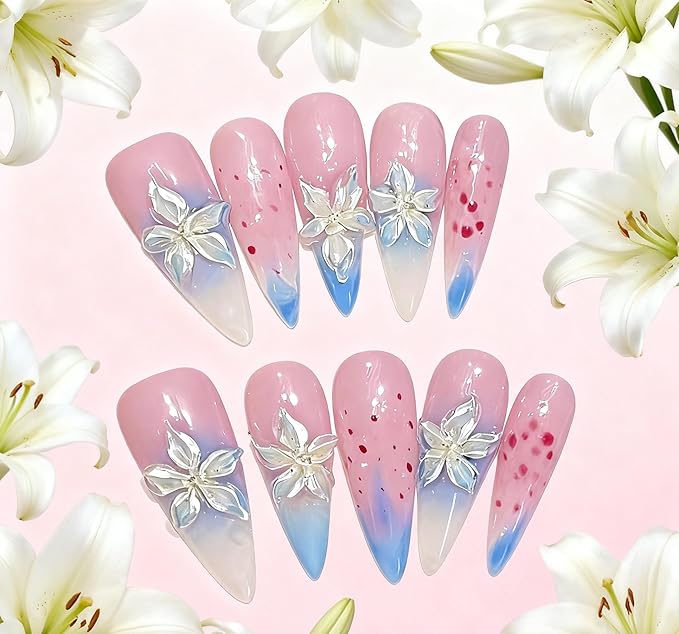 3D Floral Press On Nails Long Stiletto Fake Nails – Elegant Handmade Ombre Nail Art with Lilies Flowers Designs, Multi-Layer Gel Reusable Acrylic Nails for Women (3D Lily Ombre, S)